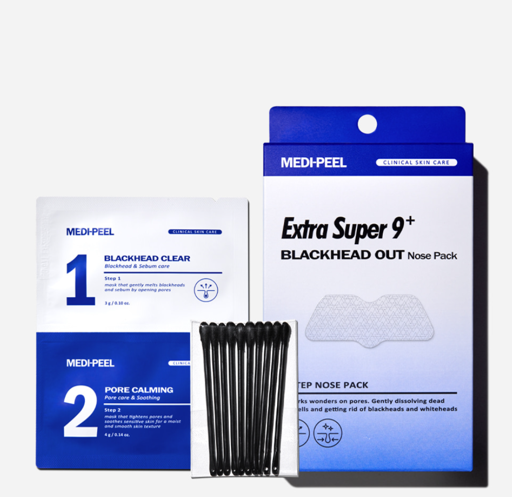 Medipeel EXTRA SUPER 9 PLUS BLACKHEAD OUT NOSE PACK STEP 1: 3g*8pcs / STEP 2:4g*8pcs / extraction swabs 10pcs