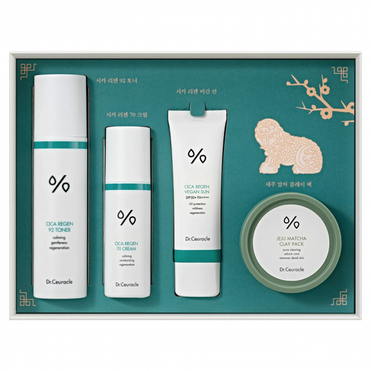 Dr.Ceuracle GREEN ESSENTIAL SET(CICA REGEN 92 TONER (120ml), CICA REGEN 70 CREAM (50ml), CICA REGEN VEGAN SUN (50ml), JEJU MATCHA CLAY PACK (115g))