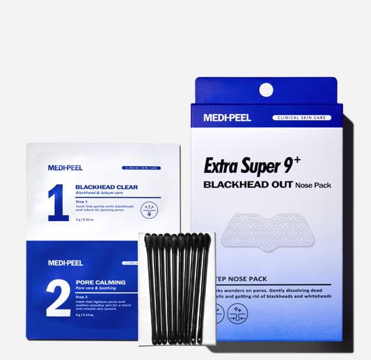 Medipeel EXTRA SUPER 9 PLUS BLACKHEAD OUT NOSE PACK STEP 1: 3g*8pcs / STEP 2:4g*8pcs / extraction swabs 10pcs